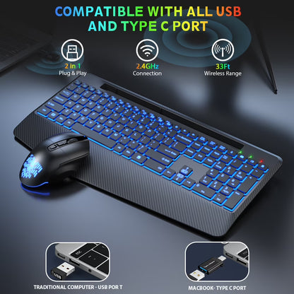 Wireless Keyboard and Mouse Backlit, Rechargeable Ergonomic Keyboard with Wrist Rest, LED Mouse, Phone Holder, Silent for Computer, Mac, PC, Laptop, Chromebook--Black