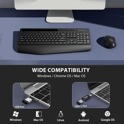 Ergonomic Wireless Keyboard and Mouse Combo with Phone Holder - Full-Sized, Silent, 2.4GHz Cordless Set for PC, Mac, Windows