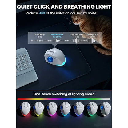 Ergonomic Wireless Trackball Mouse, Adjustable Angle, Thumb Control, Quiet Click, Rechargeable, Multi-Device Bluetooth & USB, for Windows Mac-White Ball
