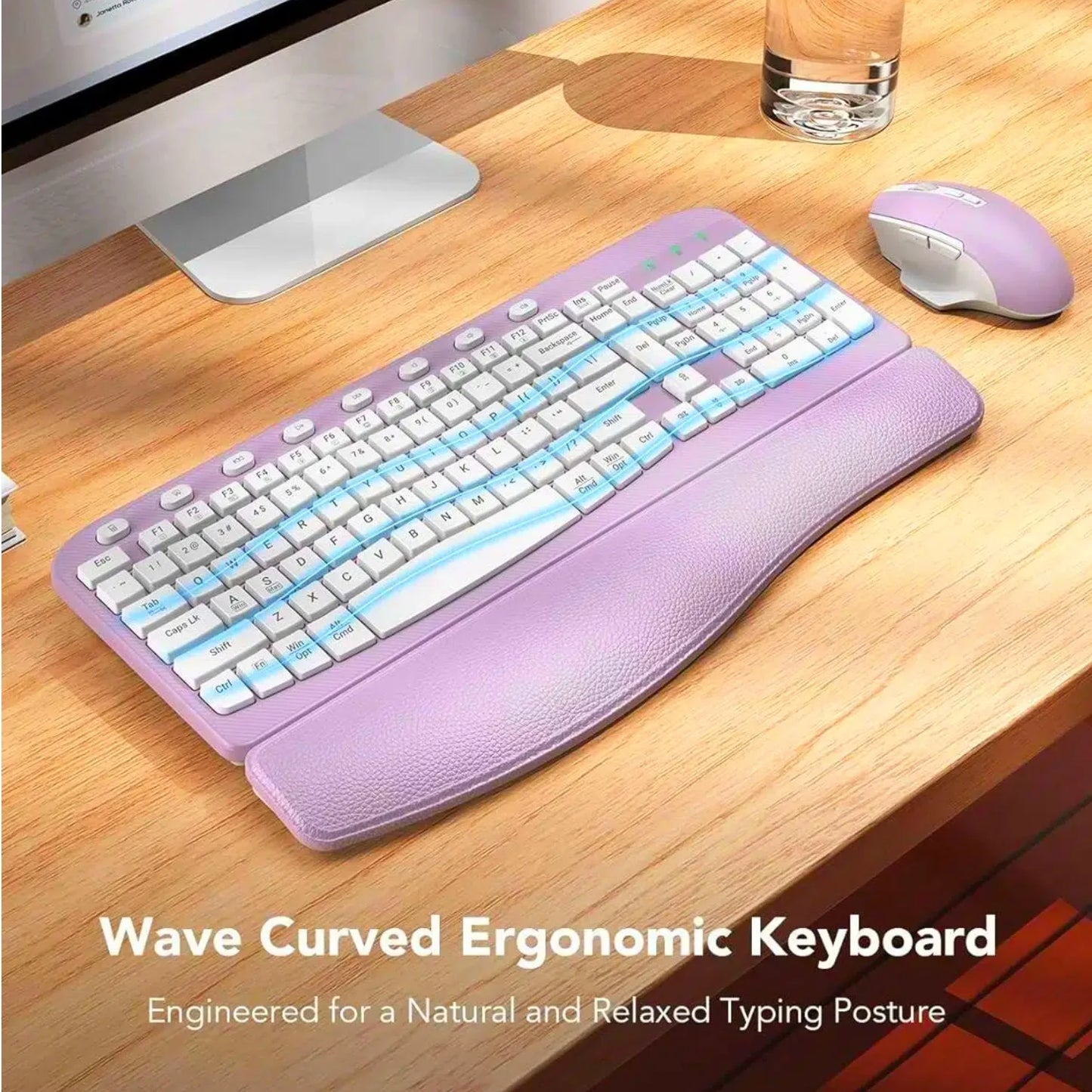 Ergonomic Wireless Keyboard and Mouse Combo, Leather Cushioned Palm Rest, Wave Keys, Silent Typing, 2.4G Lag-Free-Wagpak-Purple