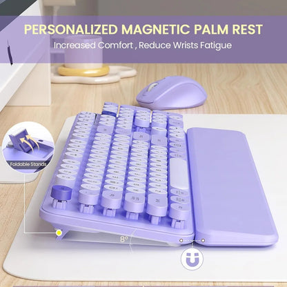 Wireless Keyboard and Mouse Combo - Retro Round Keycaps, Detachable Wrist Rest, Foldable Legs, 2.4GHz Full-Size Keyboard Purple