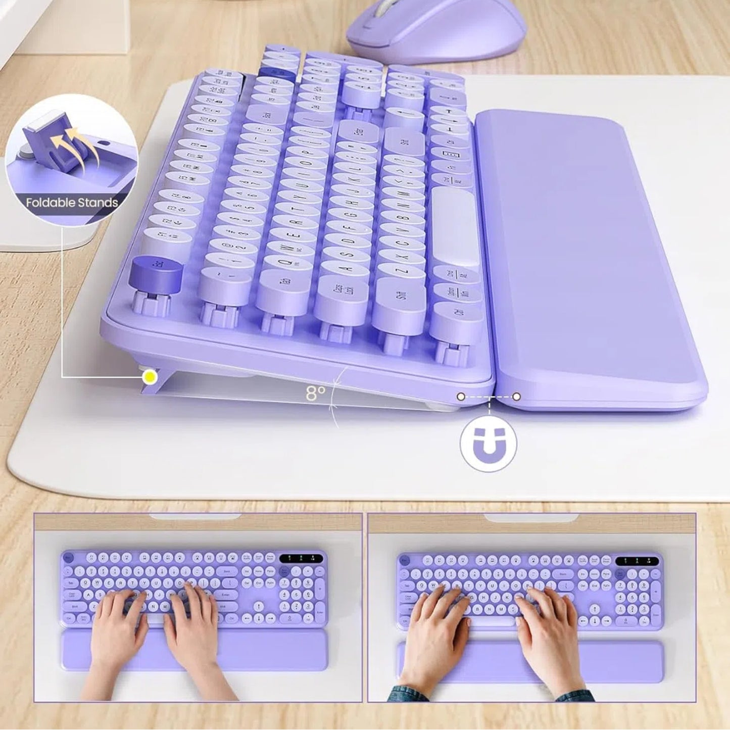 Wireless Keyboard and Mouse Combo - Retro Round Keycaps, Detachable Wrist Rest, Foldable Legs, 2.4GHz Full-Size Keyboard Purple