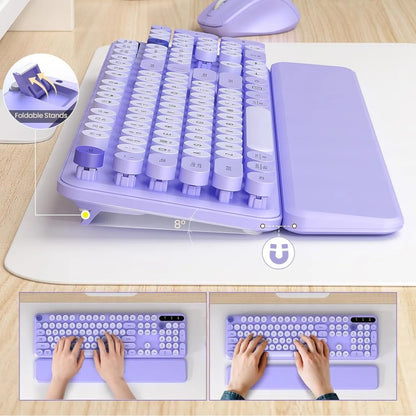 Wireless Keyboard and Mouse Combo - Retro Round Keycaps, Detachable Wrist Rest, Foldable Legs, 2.4GHz Full-Size Keyboard Purple