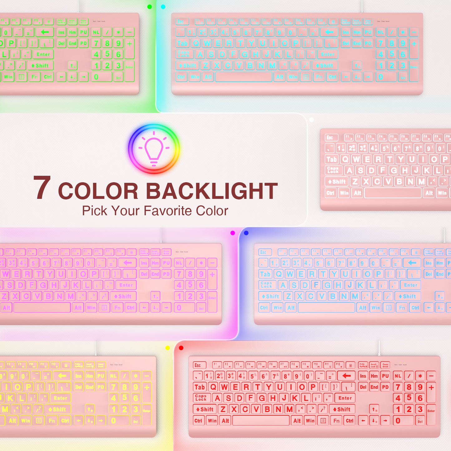 Wagpak Large Print Backlit Keyboard - Wired USB Lighted Computer Keyboard for Laptops,Pink