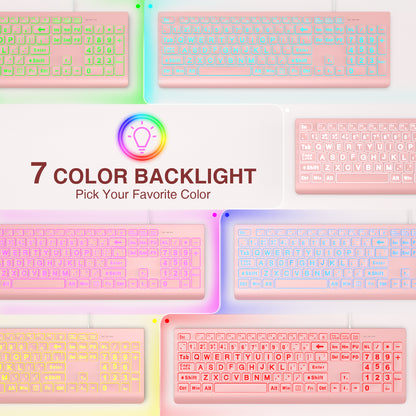Wagpak Large Print Backlit Keyboard - Wired USB Lighted Computer Keyboard for Laptops,Pink