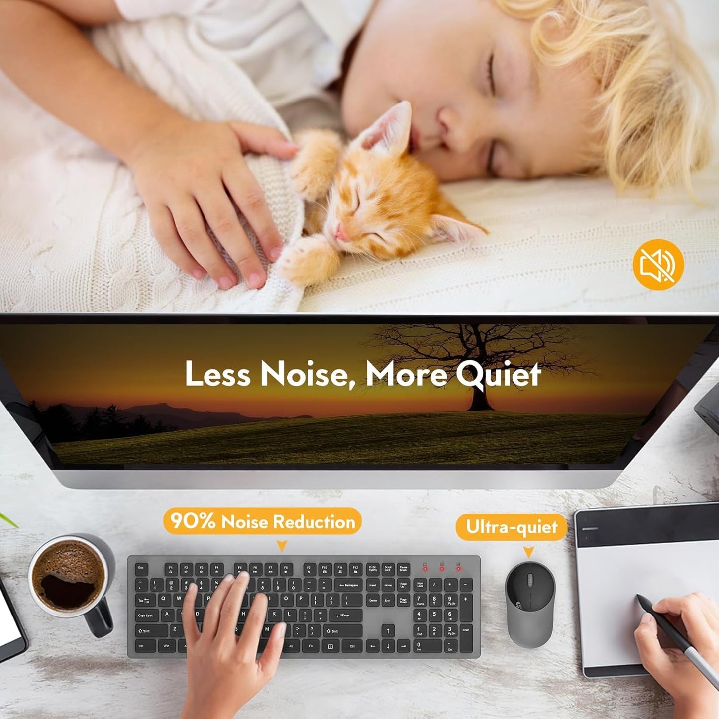 Wireless Keyboard and Mouse, Silent 2.4GHz Cordless Combo-Gray-Wagpak