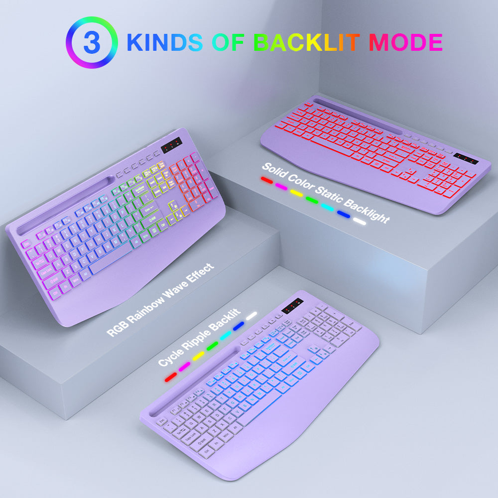 Wireless Keyboard and Mouse Combo with 9 Backlit, Wrist Rest & Phone Holder, Purple