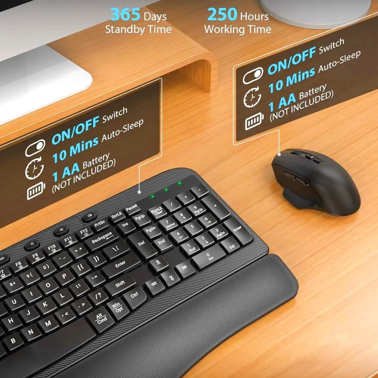 Ergonomic Wireless Keyboard and Mouse Combo, Leather Cushioned Palm Rest, Wave Keys, Silent Typing, 2.4G Lag-Free-Wagpak