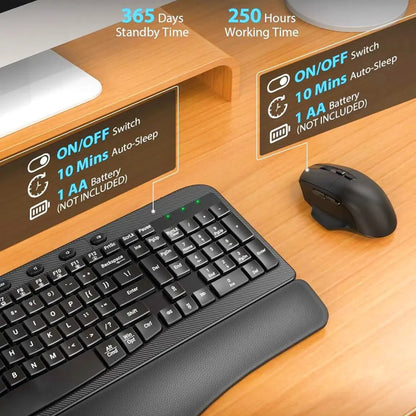 Ergonomic Wireless Keyboard and Mouse Combo, Leather Cushioned Palm Rest, Wave Keys, Silent Typing, 2.4G Lag-Free-Wagpak