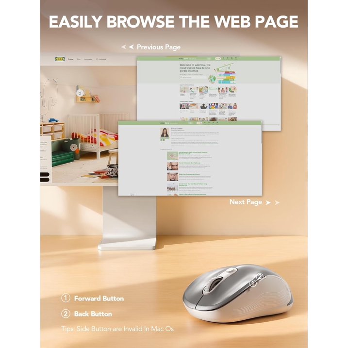 Wireless Mouse for Laptop, Ergonomic Silent Computer Mouse with USB & USB-C, 3 DPI 6 Buttons,Silver Grey