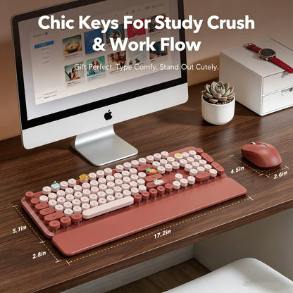 Wireless Keyboard and Mouse Combo, Retro Round Keycaps, Full Size with Detachable Wrist Rest, 2.4G for PC Mac Windows, Claret