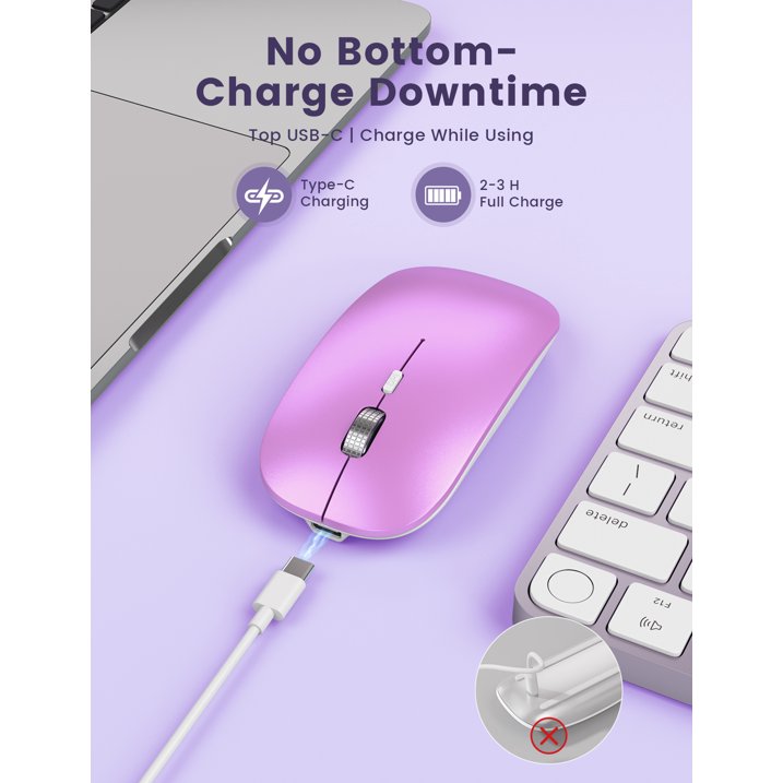 Bluetooth Wireless Mouse for MacBook, iPad, Laptop, Tri-Mode Rechargeable Silent Slim Computer Mouse for 3 Devices with USB & USB-C，Purple