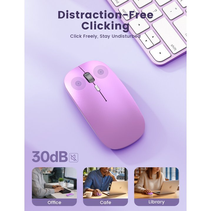 Bluetooth Wireless Mouse for MacBook, iPad, Laptop, Tri-Mode Rechargeable Silent Slim Computer Mouse for 3 Devices with USB & USB-C，Purple
