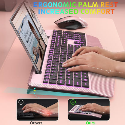Wireless Keyboard and Mouse Backlit, Rechargeable Ergonomic Keyboard with Wrist Rest, LED Mouse, Phone Holder, Silent for Computer, Mac, PC, Laptop, Chromebook-roas gold
