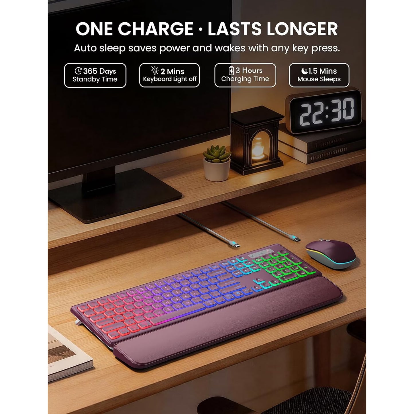 Wireless Keyboard and Mouse Combo, Rechargeable RGB Backlit with Light Up Letters, for Mac, Windows, PC & Laptop, Berry Red