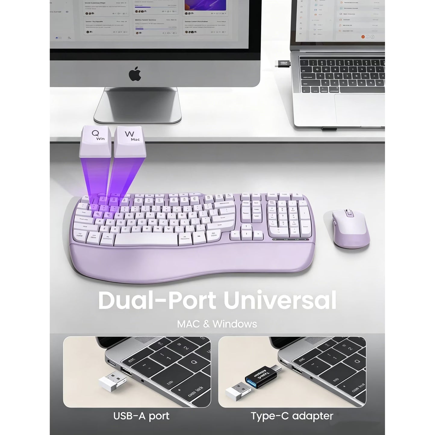 Ergonomic Wireless Keyboard and Mouse Combo, 2.4G Full Size Wave Keyboard with Cushioned Palm Rest, 3 DPI Adjustable Mouse, USB-A & C Compatible with Computer, Laptop, Mac & Tablet - Purple