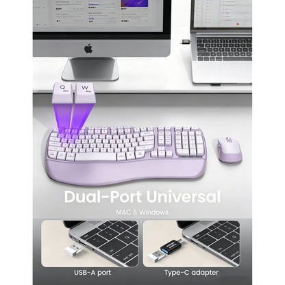 Ergonomic Wireless Keyboard and Mouse Combo, 2.4G Full Size Wave Keyboard with Cushioned Palm Rest, 3 DPI Adjustable Mouse, USB-A & C Compatible with Computer, Laptop, Mac & Tablet - Purple