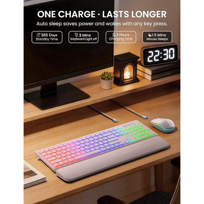 Wireless Keyboard and Mouse Combo, Rechargeable RGB Backlit with Light Up Letters, for Mac, Windows, PC & Laptop, Pastel Pink