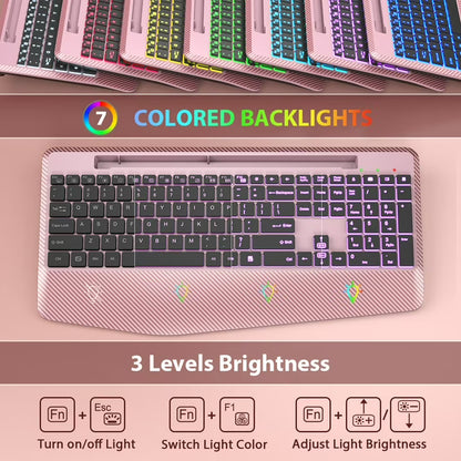 Wireless Keyboard and Mouse Backlit, Rechargeable Ergonomic Keyboard with Wrist Rest, LED Mouse, Phone Holder, Silent for Computer, Mac, PC, Laptop, Chromebook-roas gold