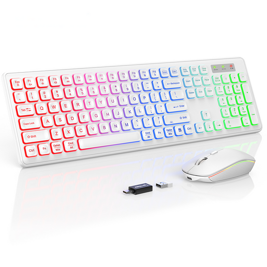 Wagpak Wireless Keyboard 7 Color Backlit Wrist Rest Rechargeable 112 Keys Quiet Keyboard White