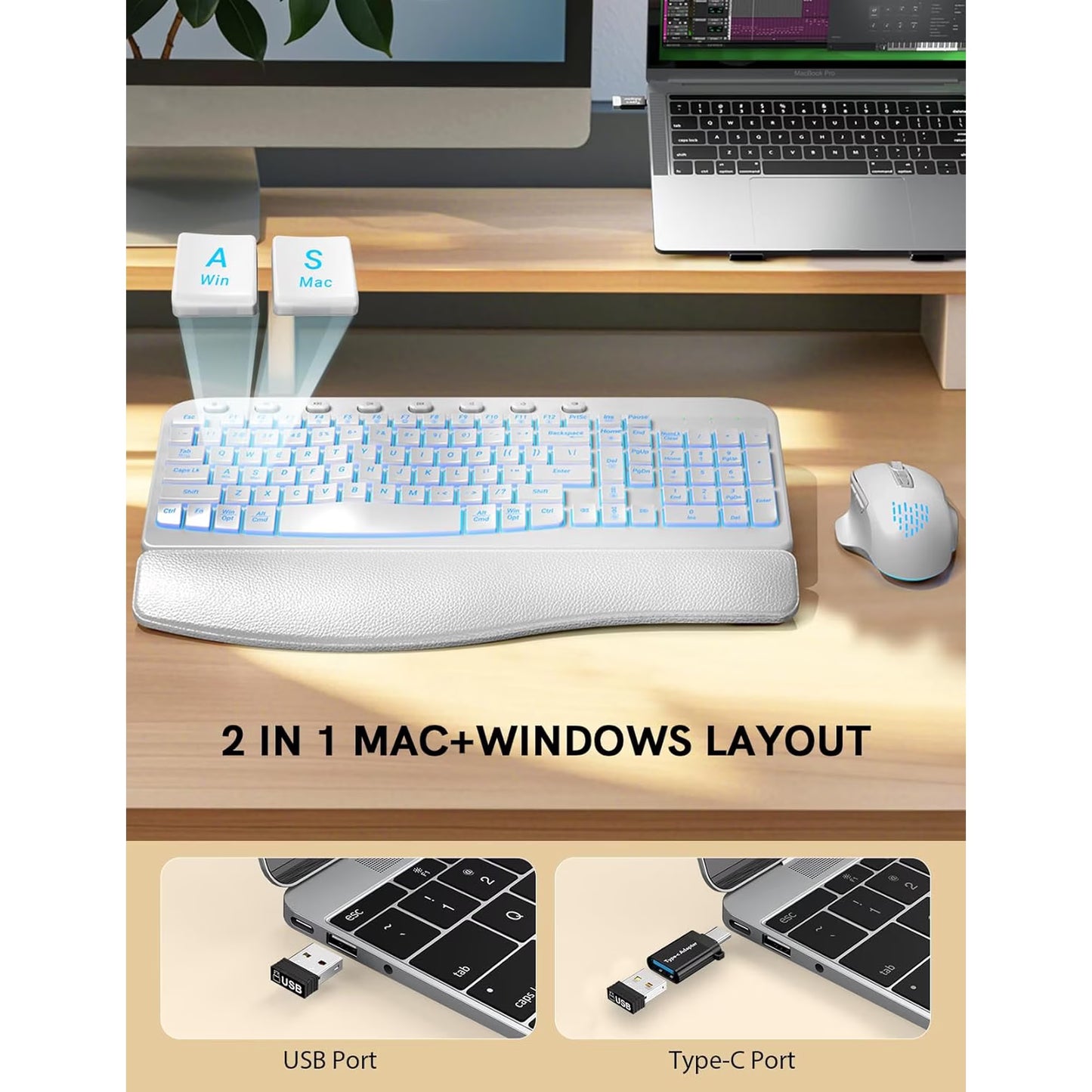 Wireless Keyboard and Mouse Combo - Ergonomic Wave Rechargeable Keyboard with Soft Leather Wrist Rest, RGB Backlit -White