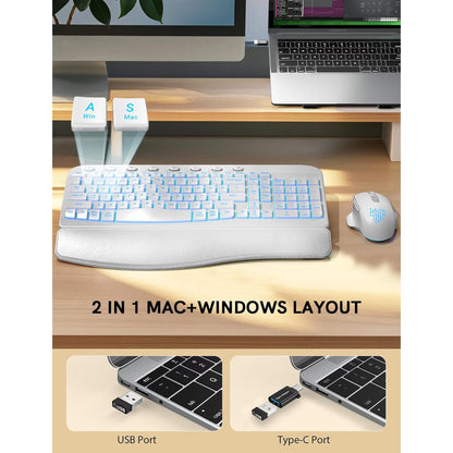 Wireless Keyboard and Mouse Combo - Ergonomic Wave Rechargeable Keyboard with Soft Leather Wrist Rest, RGB Backlit -White