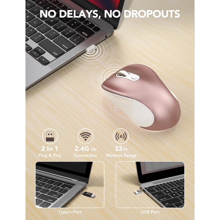 Wireless Mouse for Laptop, Ergonomic Silent Computer Mouse with USB & USB-C, 3 DPI 6 Buttons,Rose Gold