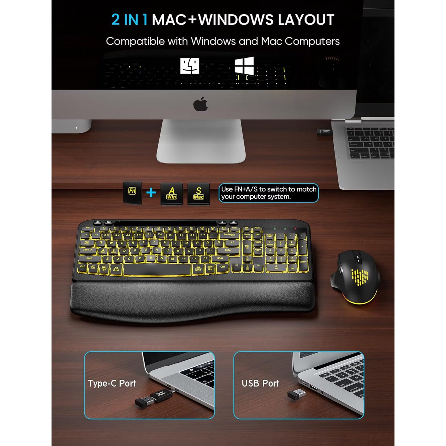 Wireless Keyboard and Mouse Combo, Ergonomic Wave Keyboard with Wrist Rest, RGB Backlit, Rechargeable, Dual System Compatible