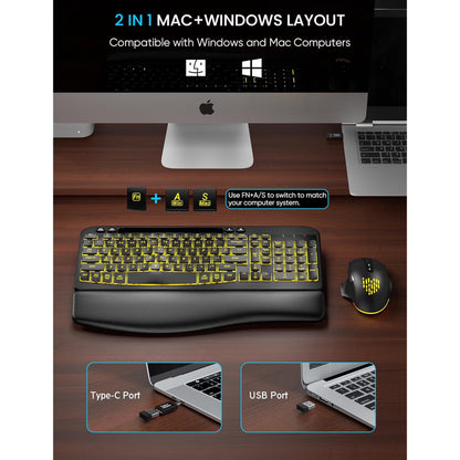 Wireless Keyboard and Mouse Combo, Ergonomic Wave Keyboard with Wrist Rest, RGB Backlit, Rechargeable, Dual System Compatible