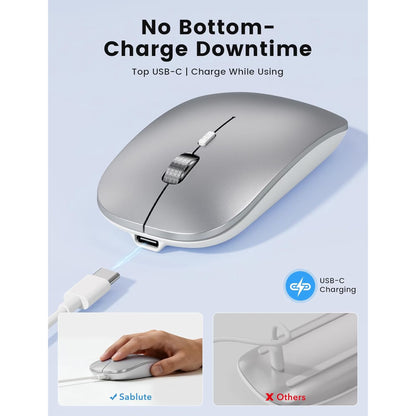 Bluetooth Wireless Mouse for MacBook, iPad, Laptop, Tri-Mode Rechargeable Silent Slim Computer Mouse for 3 Devices with USB & USB-C,Sliver