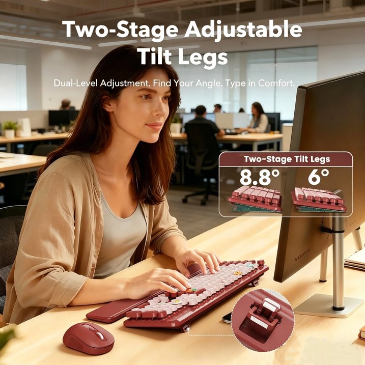 Wireless Keyboard and Mouse Combo, Retro Round Keycaps, Full Size with Detachable Wrist Rest, 2.4G for PC Mac Windows, Claret