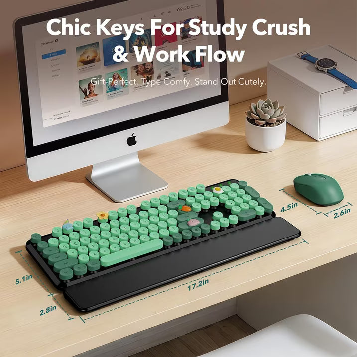 Wireless Keyboard and Mouse Combo, Retro Round Keycaps, Full Size with Detachable Wrist Rest, 2.4G for PC Mac Windows, Dark Green