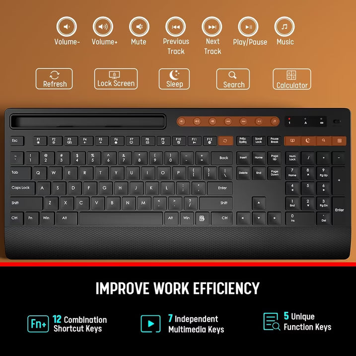 Wireless Keyboard and Mouse Combo with Full-Size Quiet, Palm Rest, Phone Holder, Multimedia Keys, Batteries Included, Compatible with Windows, PC, Laptop - Black