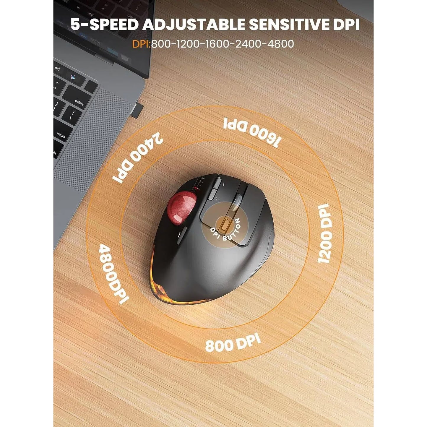 Ergonomic Wireless Trackball Mouse, Adjustable Angle, Thumb Control, Quiet Click, Rechargeable, Multi-Device Bluetooth & USB, for Windows Mac-Red Ball