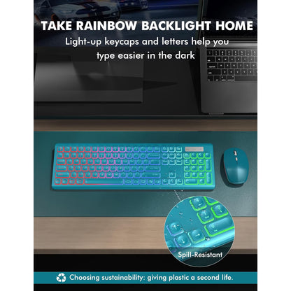 Wagpak Wireless Keyboard and Mouse Combo RGB Backlit Rechargeable 2.4GHz Quiet 108 Keys Keyboard-Metallic Blue