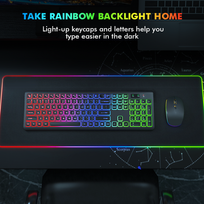 Wireless Keyboard and Mouse Combo - RGB Backlit-Rechargeable & Light Up Letters-Ergonomic Tilt Angle-Full-Size-Sleep