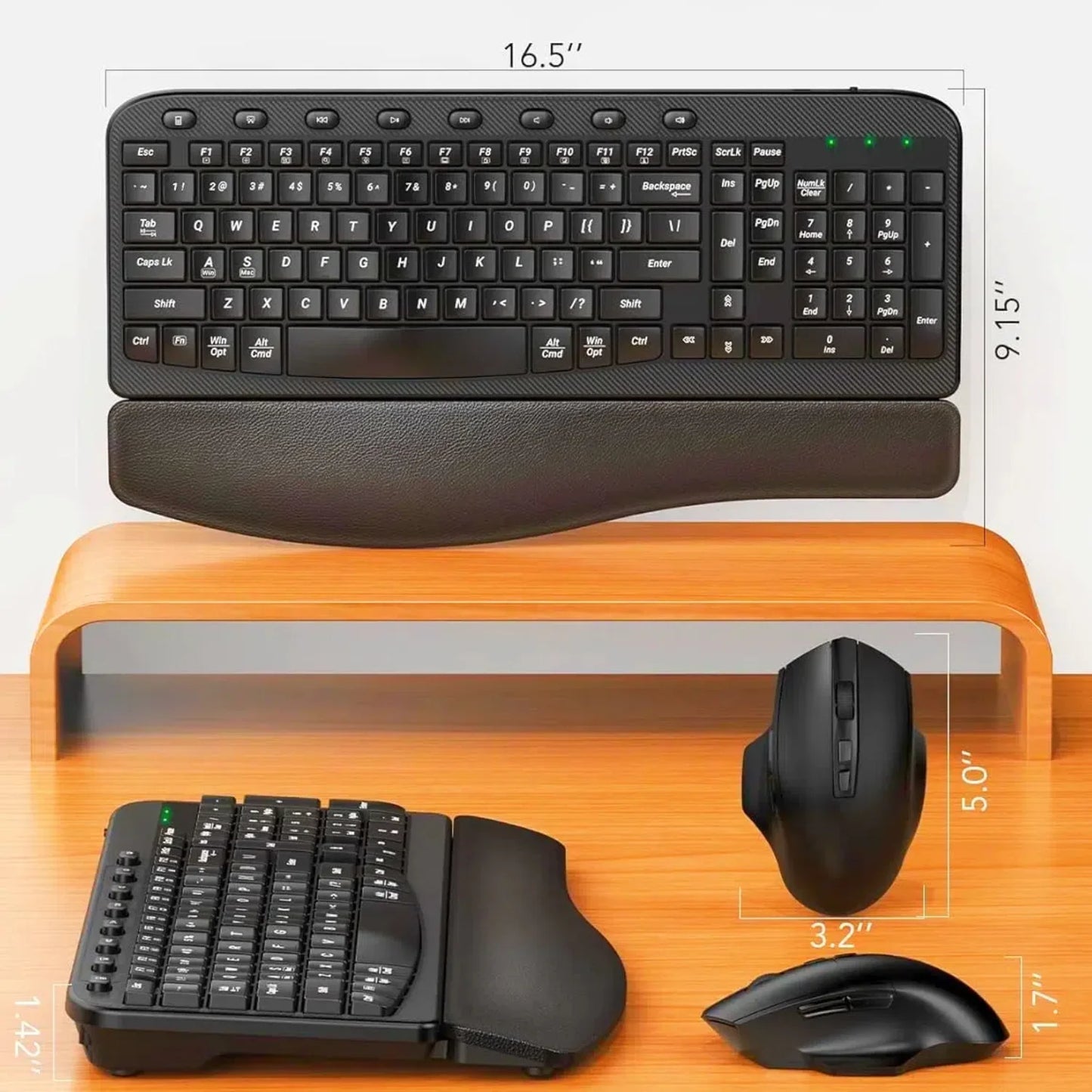 Ergonomic Wireless Keyboard and Mouse Combo, Leather Cushioned Palm Rest, Wave Keys, Silent Typing, 2.4G Lag-Free-Wagpak
