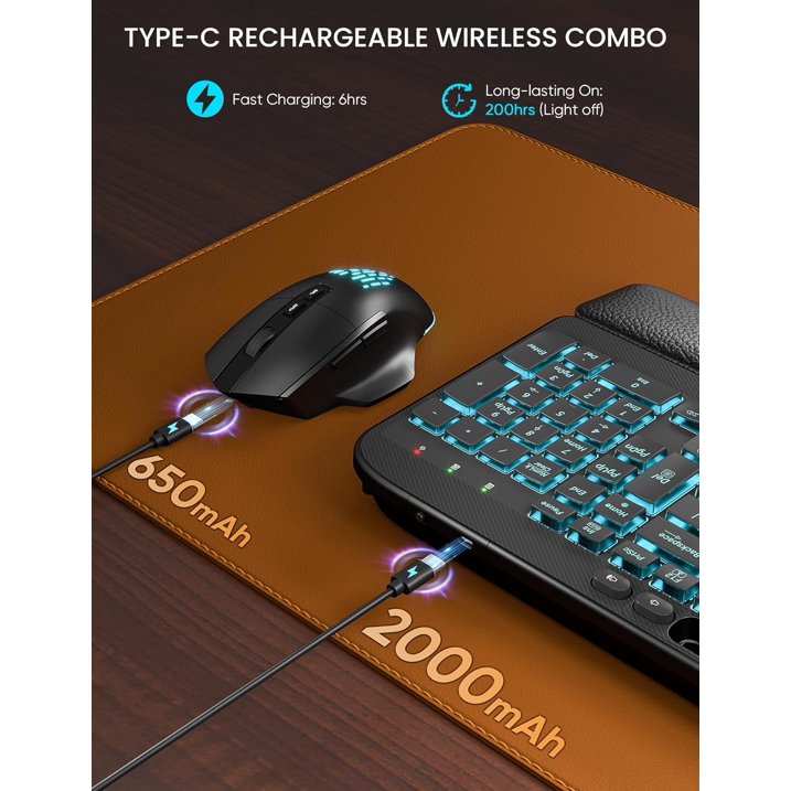 Wireless Keyboard and Mouse Combo, Ergonomic Wave Keyboard with Wrist Rest, RGB Backlit, Rechargeable, Dual System Compatible