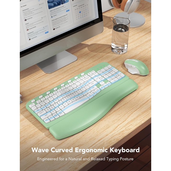 Ergonomic Wireless Keyboard and Mouse Combo, Leather Cushioned Palm Rest, Wave Keys, Silent Typing, 2.4G Lag-Free-Green