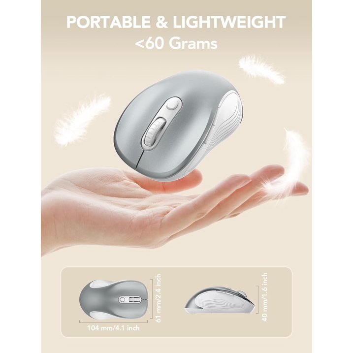 Wireless Mouse for Laptop, Ergonomic Silent Computer Mouse with USB & USB-C, 3 DPI 6 Buttons,Silver Grey