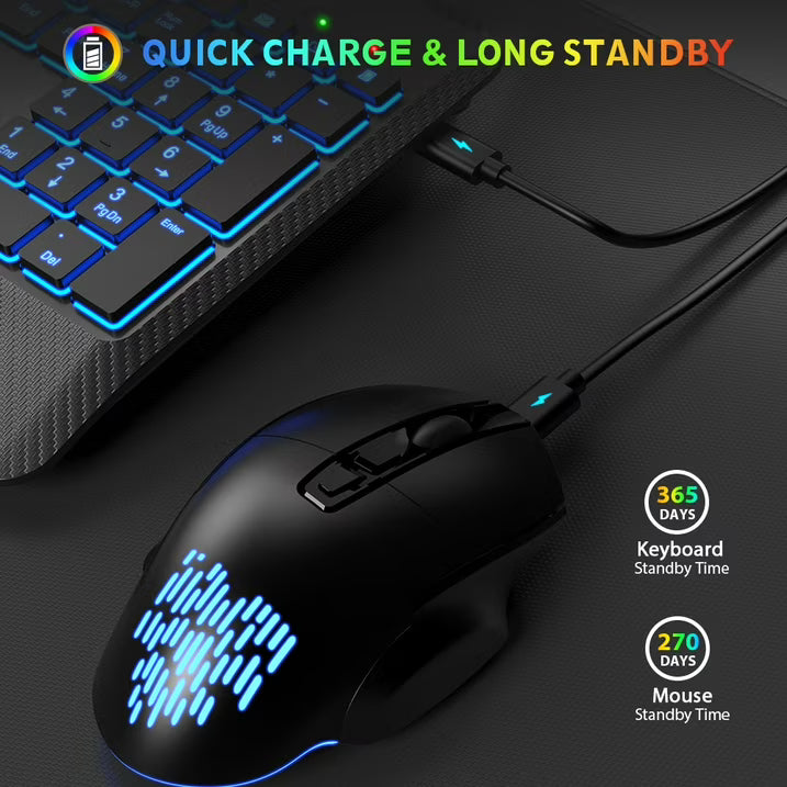 Wireless Keyboard and Mouse Backlit, Rechargeable Ergonomic Keyboard with Wrist Rest, LED Mouse, Phone Holder, Silent for Computer, Mac, PC, Laptop, Chromebook--Black