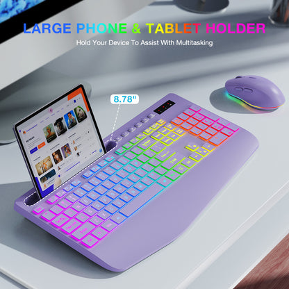 Wireless Keyboard and Mouse Combo with 9 Backlit, Wrist Rest & Phone Holder, Purple