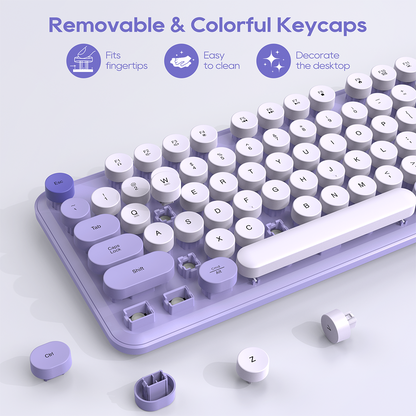 Wireless Keyboard & Mouse Set (Purple) – Retro Round Keycaps, Detachable Wrist Rest, 2.4GHz Cordless Connection for Mac/Windows/PC