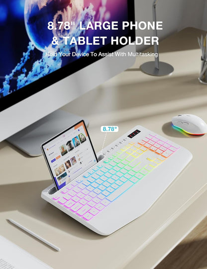 Wireless Keyboard and Mouse Combo with 9 Backlit, Wrist Rest & Phone Holder, White
