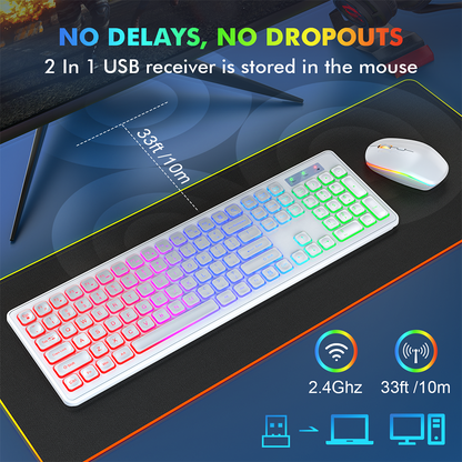 Wagpak Wireless Keyboard 7 Color Backlit Wrist Rest Rechargeable 112 Keys Quiet Keyboard White