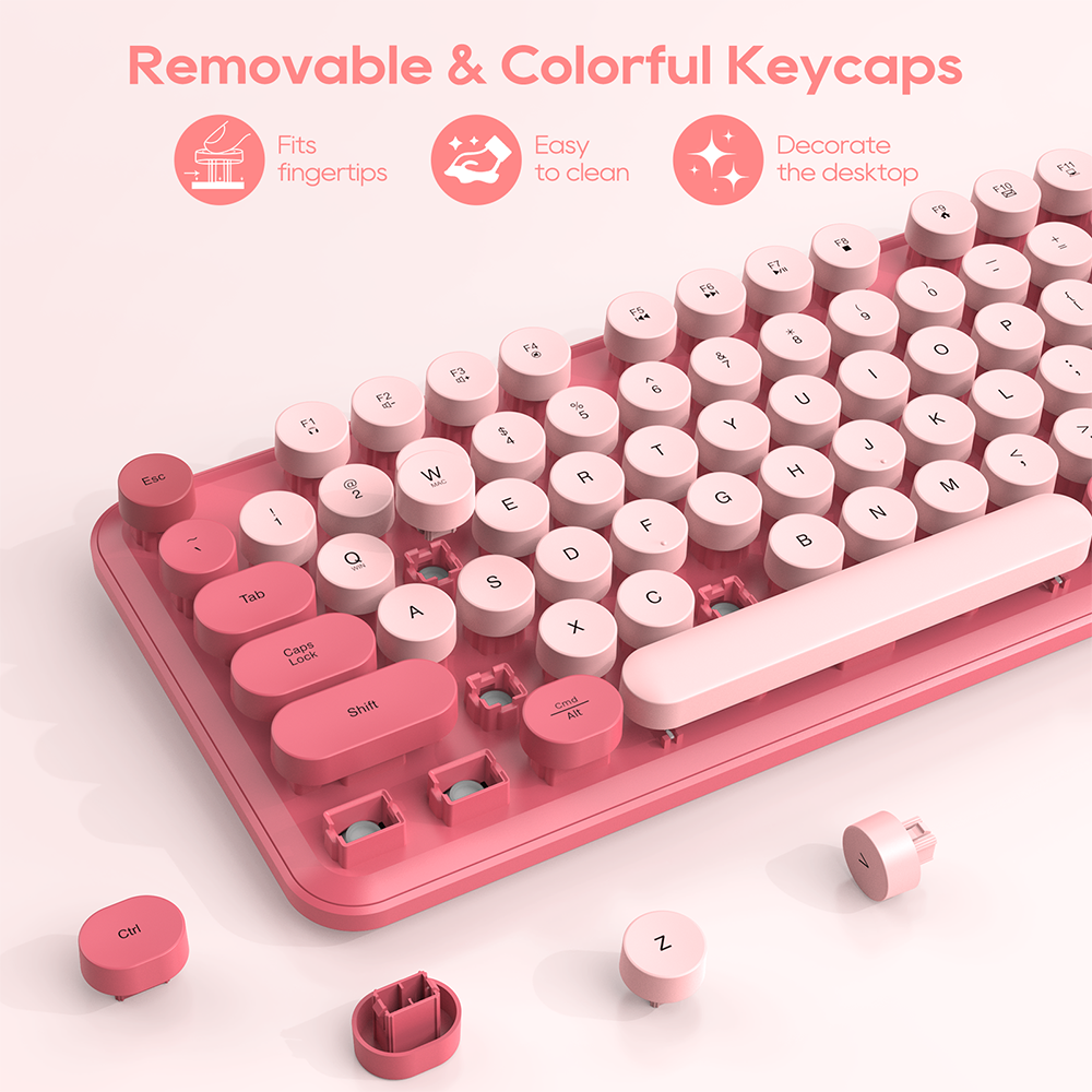 Wireless Keyboard & Mouse Set (Hot Pink) – Retro Round Keycaps, Detachable Wrist Rest, 2.4GHz Cordless Connection for Mac/Windows/PC