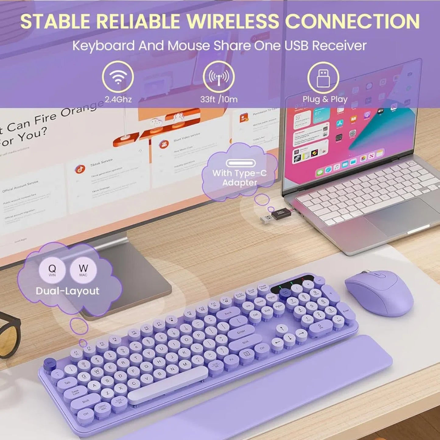 Wireless Keyboard and Mouse Combo - Retro Round Keycaps, Detachable Wrist Rest, Foldable Legs, 2.4GHz Full-Size Keyboard Purple