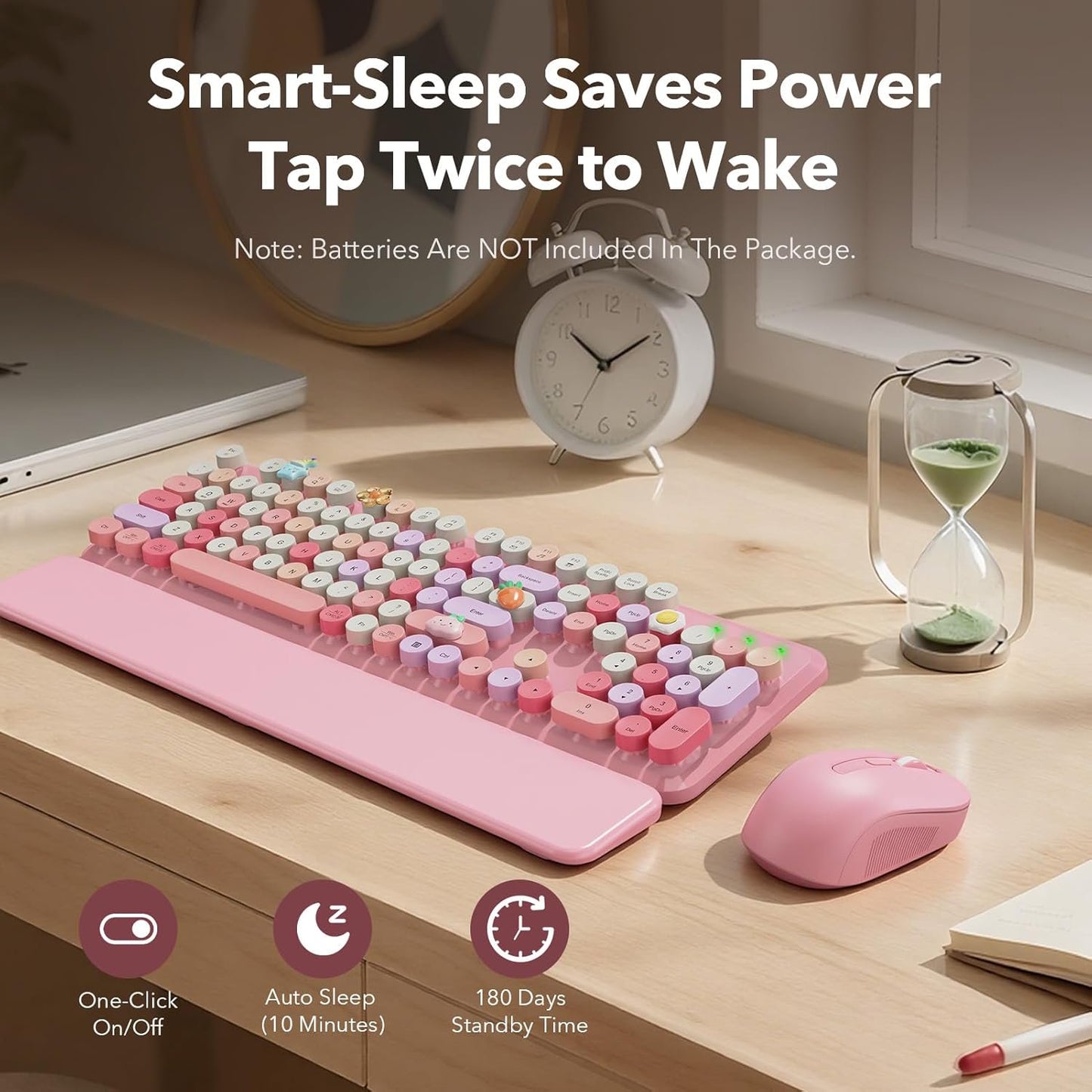 Wireless Keyboard and Mouse Combo Latte, Retro Round Keycaps, Full Size with Detachable Wrist Rest, 2.4G for PC Mac Windows