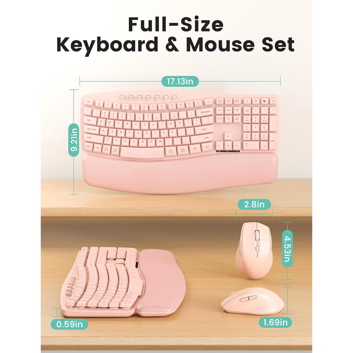 Wireless Keyboard Mouse Combo,Quiet Wave Keyboard with Leather Palm Rest, Ergonomic Mouse, Dual-System Switch, Plug & Play for Home Office,Pink