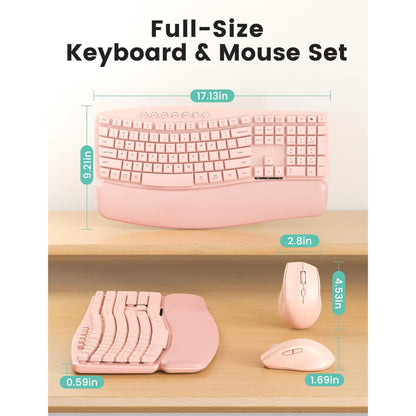 Wireless Keyboard Mouse Combo,Quiet Wave Keyboard with Leather Palm Rest, Ergonomic Mouse, Dual-System Switch, Plug & Play for Home Office,Pink